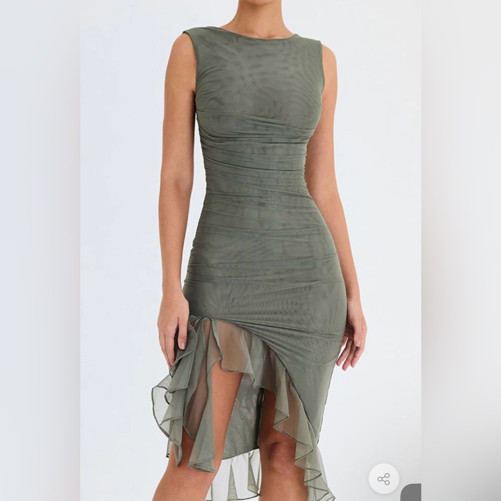 SLEEVELESS MESH RUFFLE RUCHED BODYCON MIDI DRESS